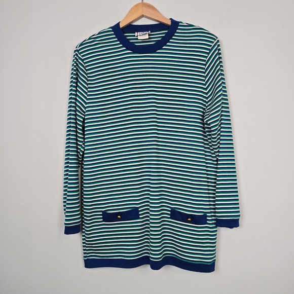 Vintage Cricket Lane Striped Tunic Sweater M USA Made Blue Green Acrylic Mod 80s - Picture 1 of 13